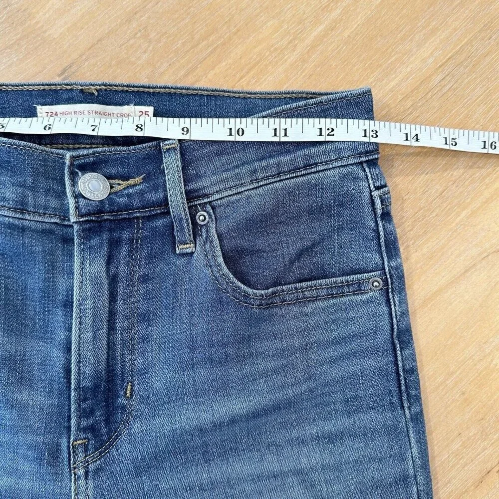 Levis Jeans Womens 724 High Rise Straight Crop Blue Stretch Denim Distressed 25‎